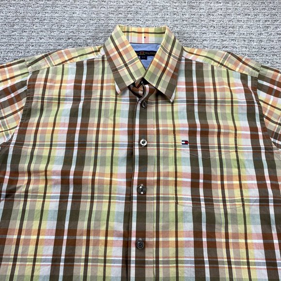 Tommy Hilfiger Shirt Men Medium M Brown Yellow Plaid Button Up Pocket Casual - Picture 2 of 11